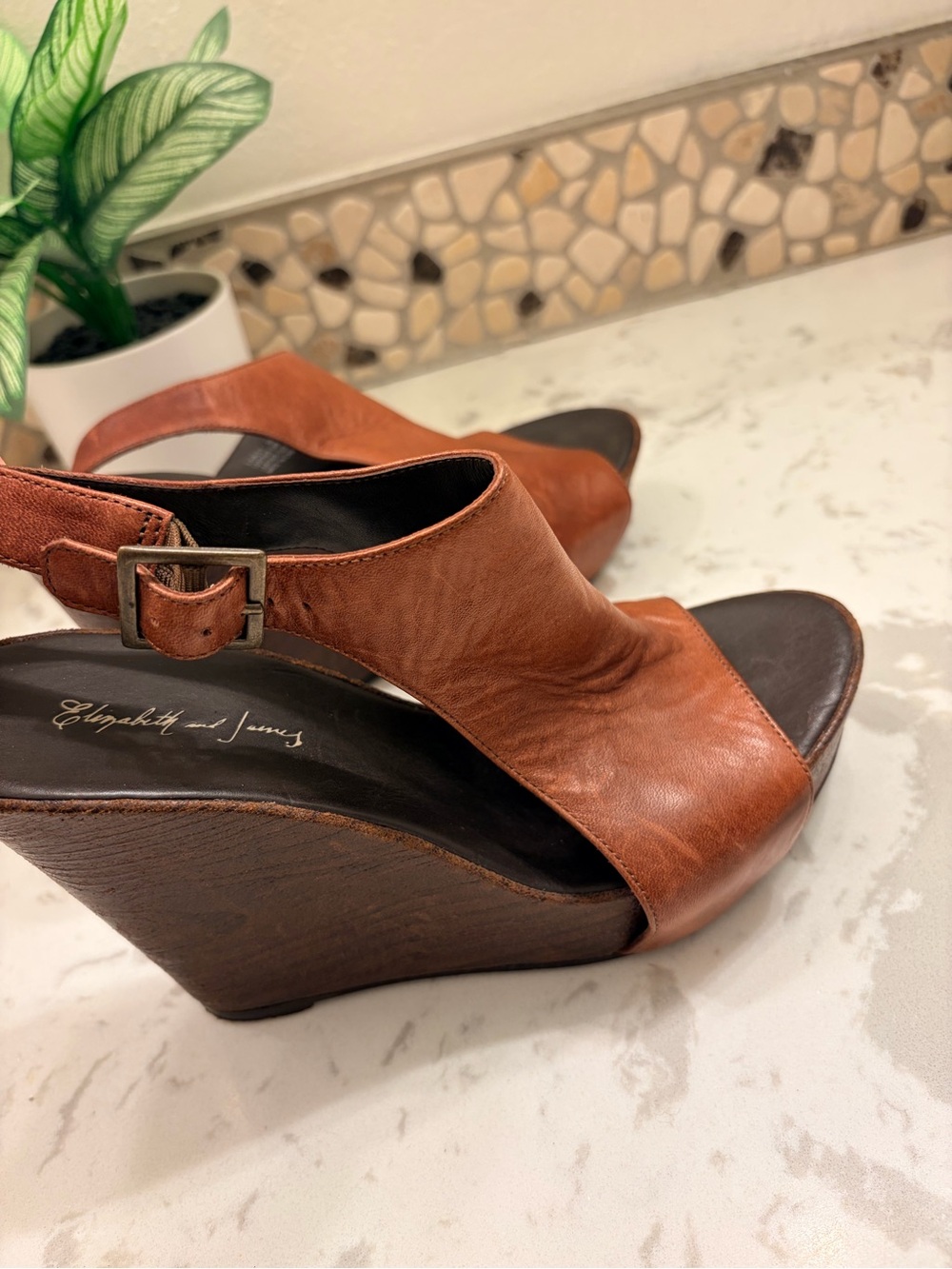 Elizabeth and James Tan Brown Leather Wedge Sandals